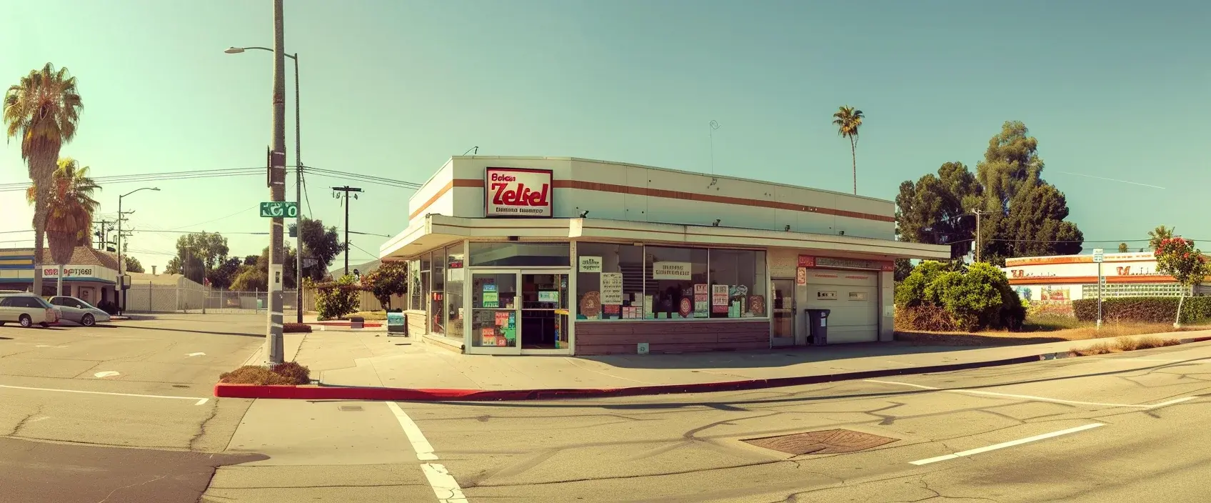 Liquor store storefront with empty parking lot