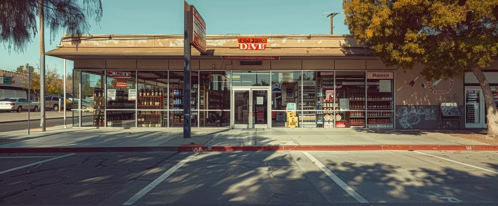 Liquor store storefront with empty parking lot