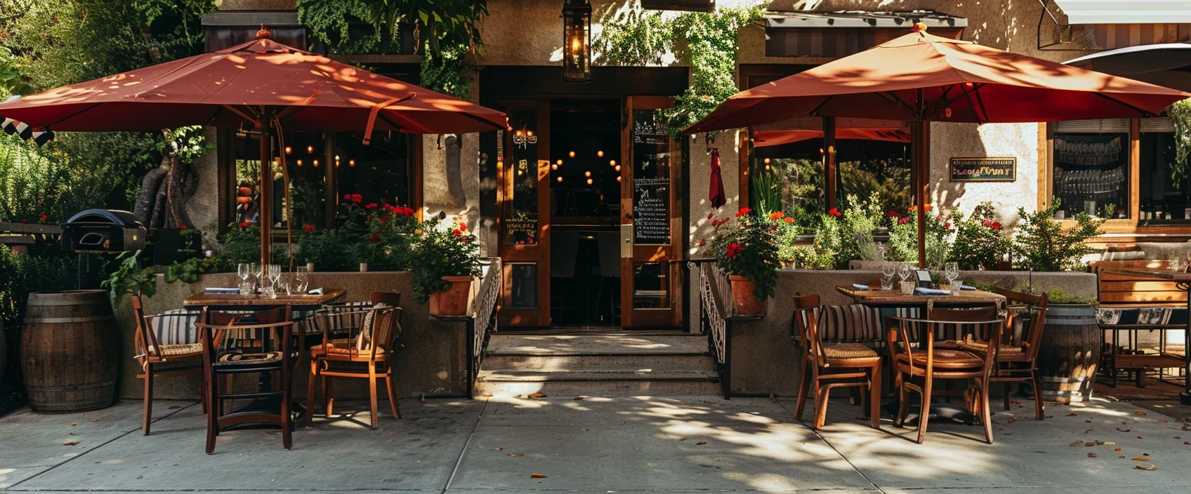 Restaurant patio with red umbrellas and outdoor seating