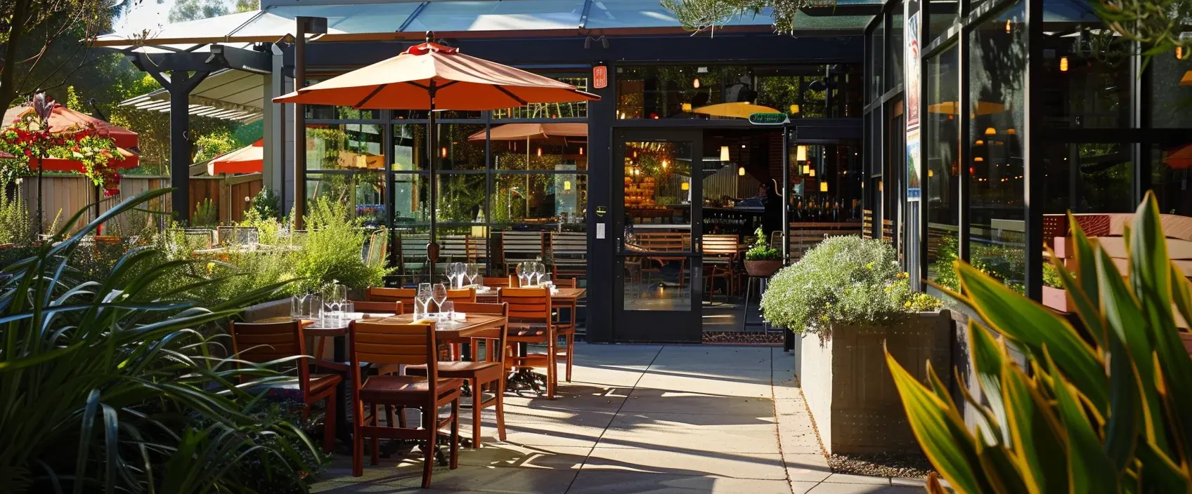 Restaurant patio with red umbrellas and outdoor seating