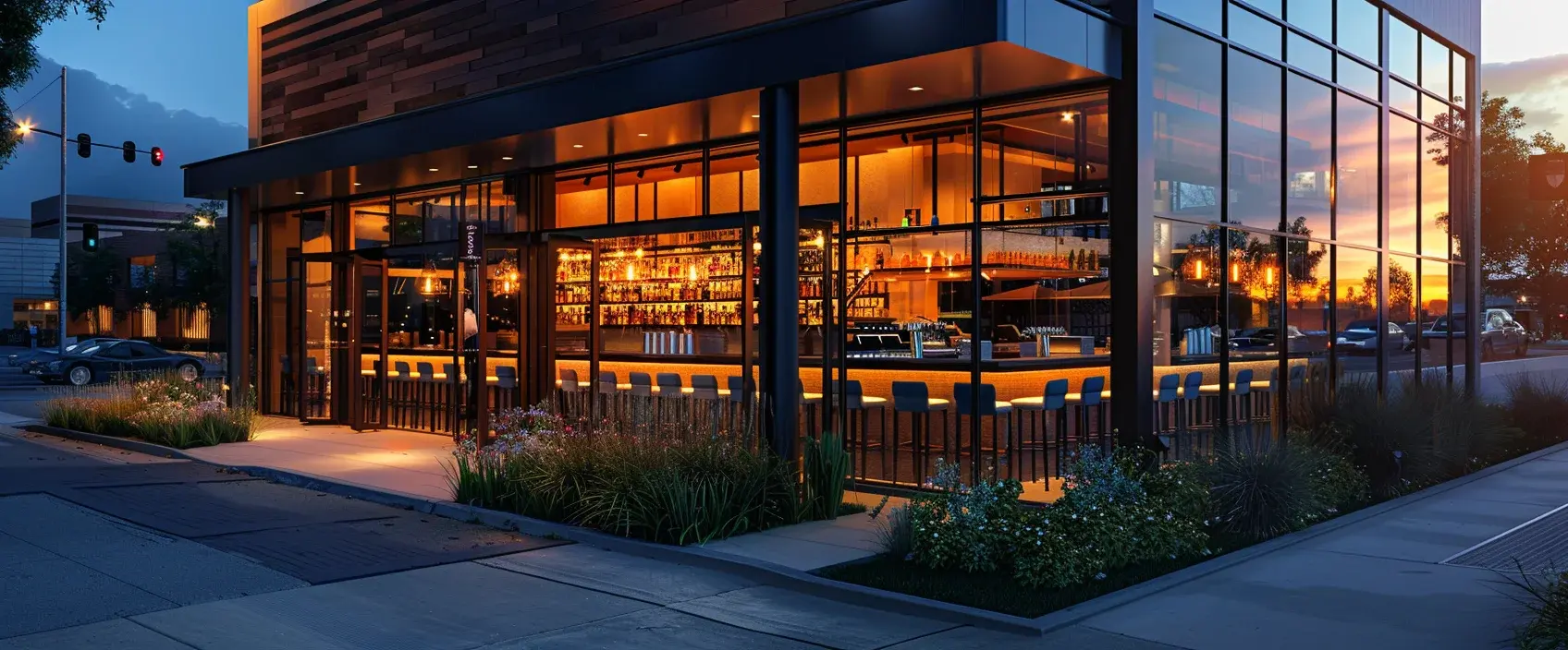 Corner bar with glass walls lit at dusk