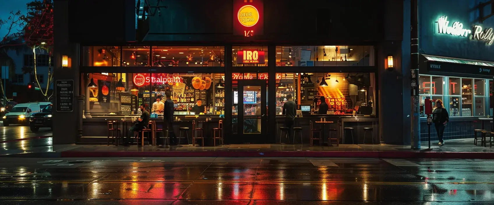 Neon-lit storefront on a wet street at night