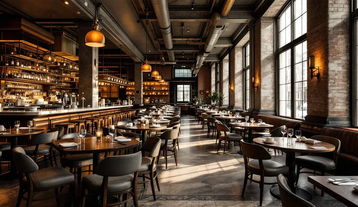 A restaurant dining room with a full bar along one side, expensively finished, high ceilings and stone.