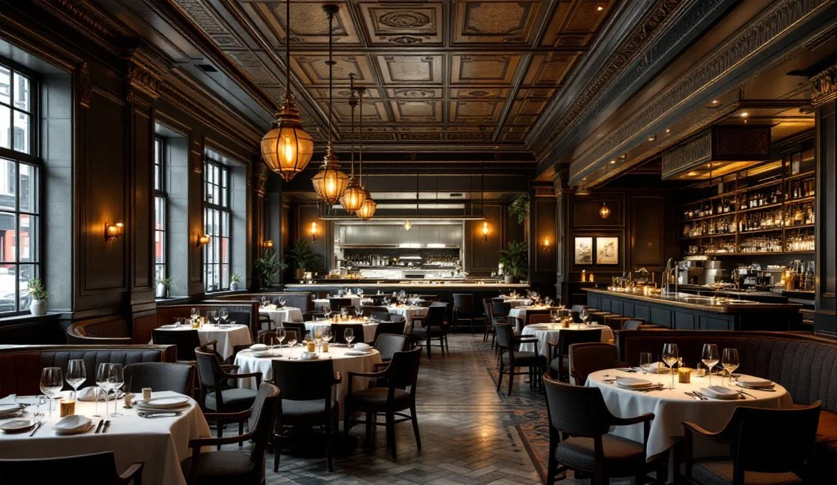 A restaurant dining room with a full bar along one side, expensively finished, high ceilings and stone.