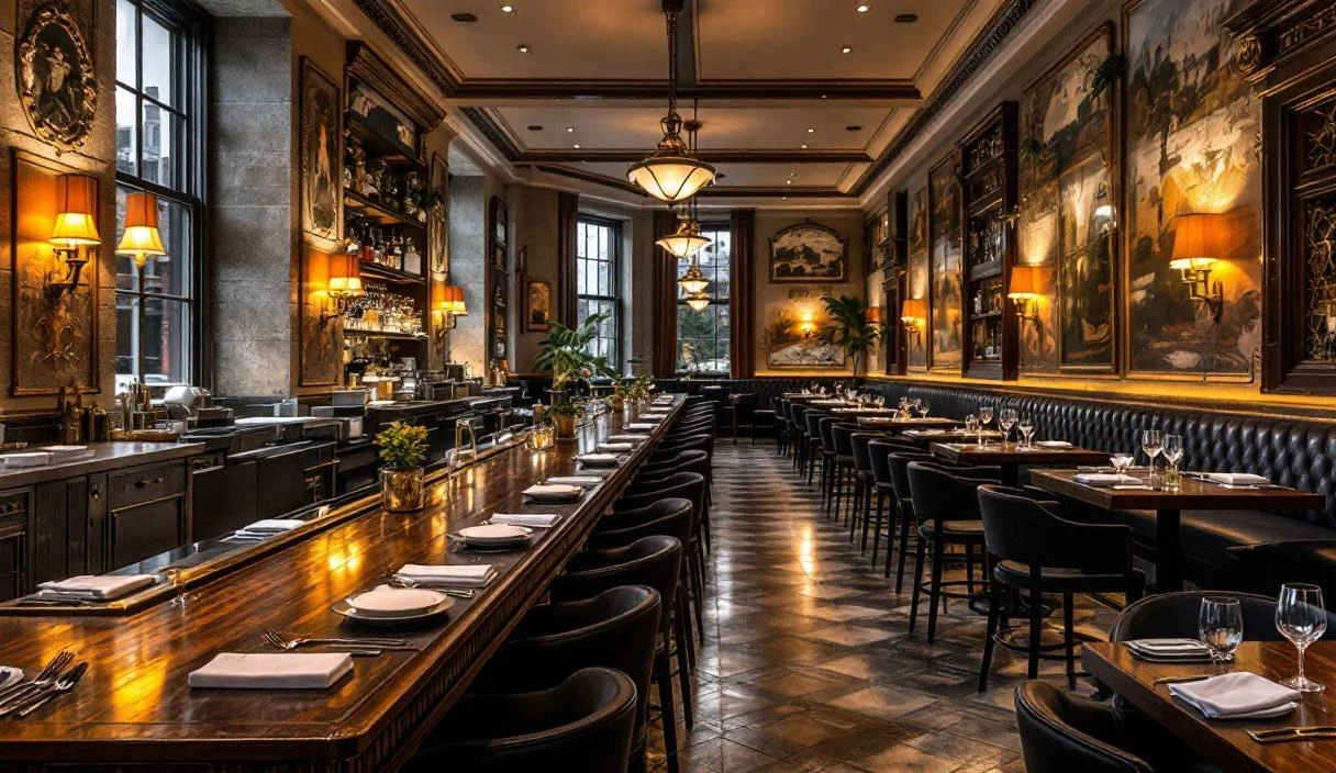 A restaurant dining room with a full bar along one side, expensively finished, high ceilings and stone.