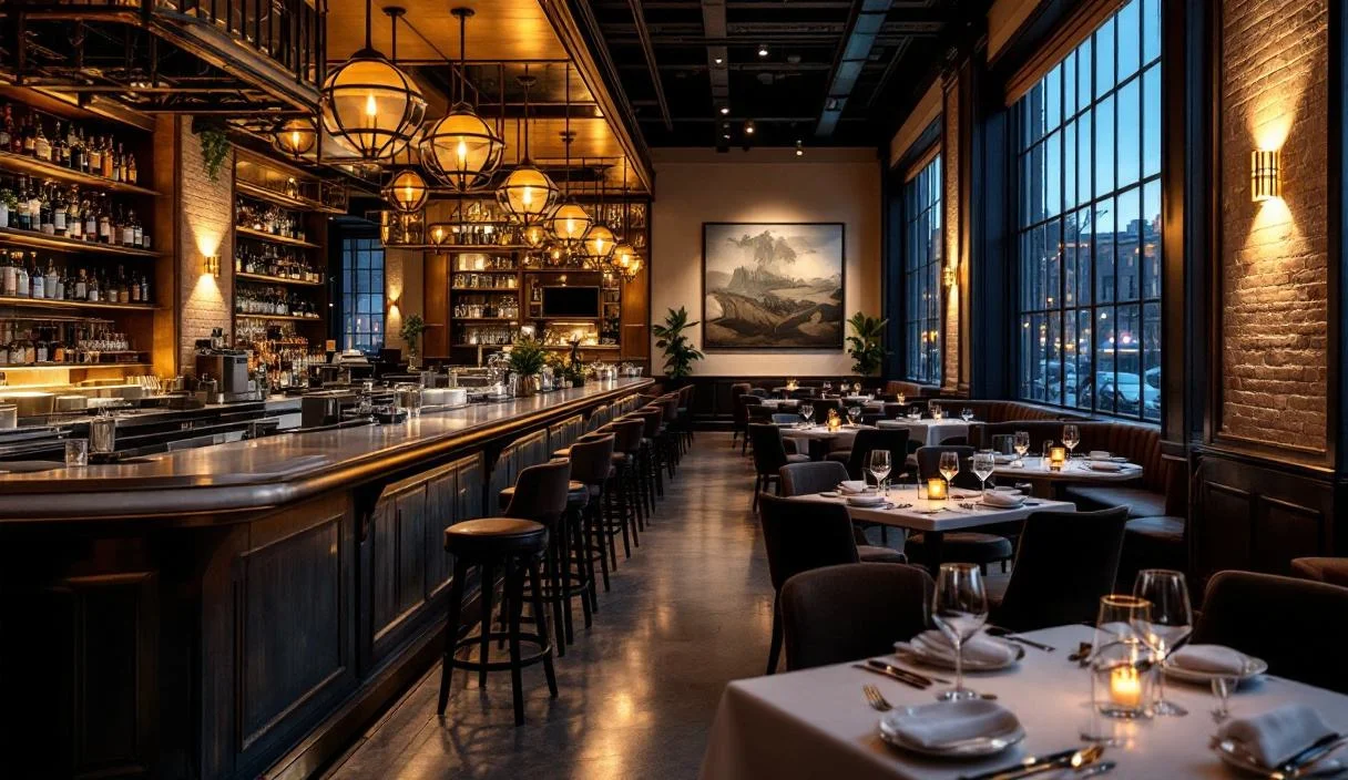 A restaurant dining room with a full bar along one side, expensively finished, high ceilings and stone.
