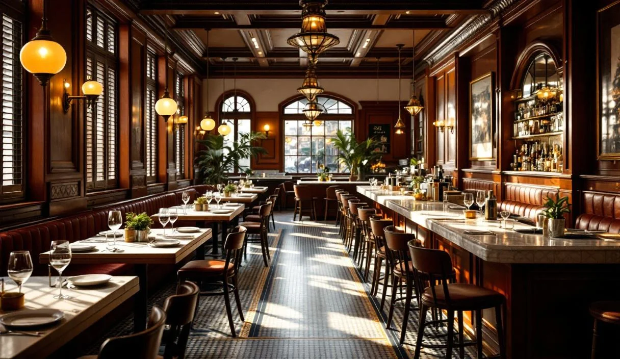 A restaurant dining room with a full bar along one side, well finished and established.