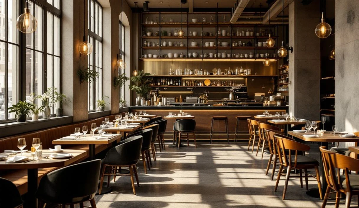 A restaurant dining room with a full bar along one side, well finished and established.