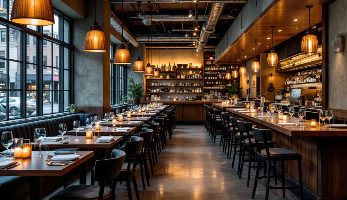 A restaurant dining room with a full bar along one side, well finished and established.