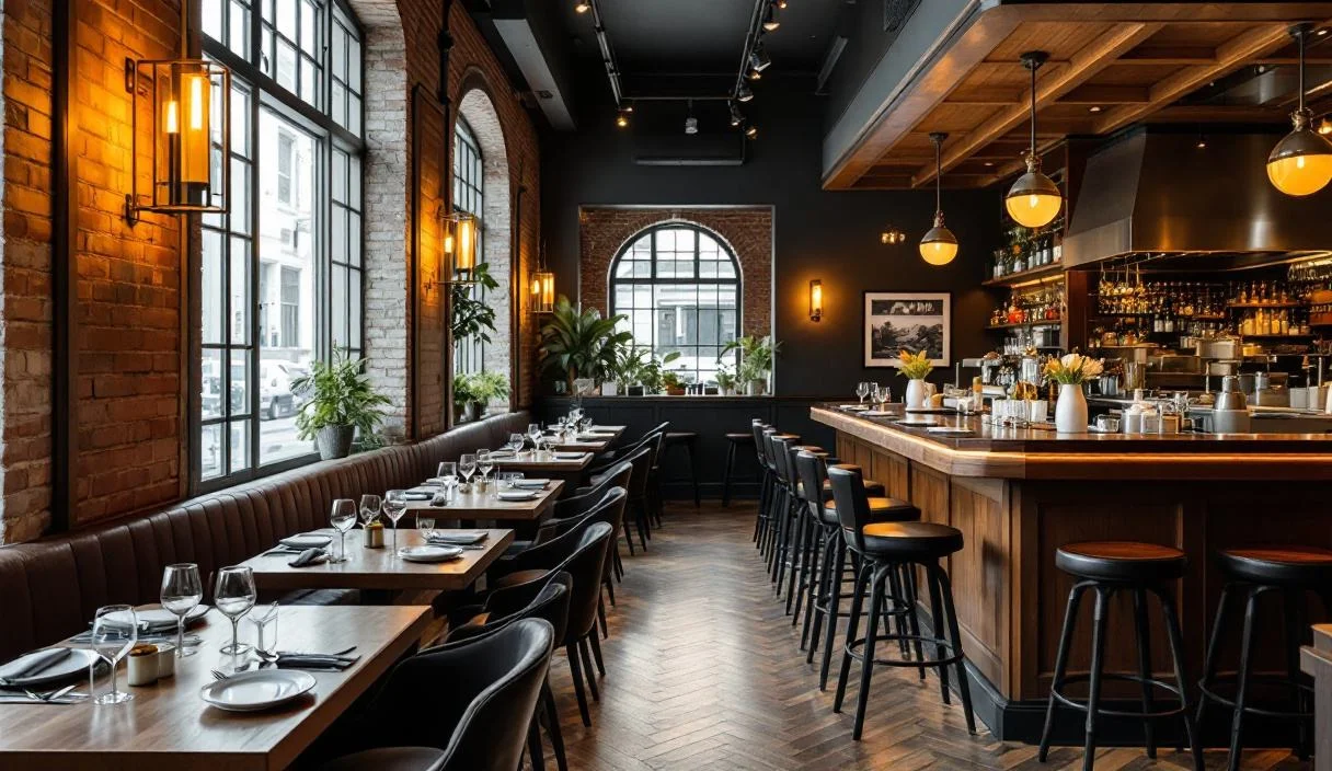 A restaurant dining room with a full bar along one side, well finished and established.