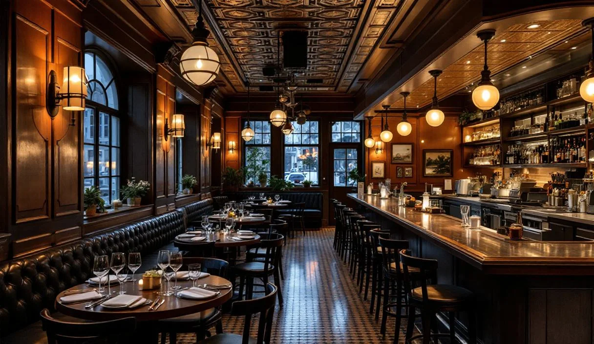 A restaurant dining room with a full bar along one side, well finished and established.