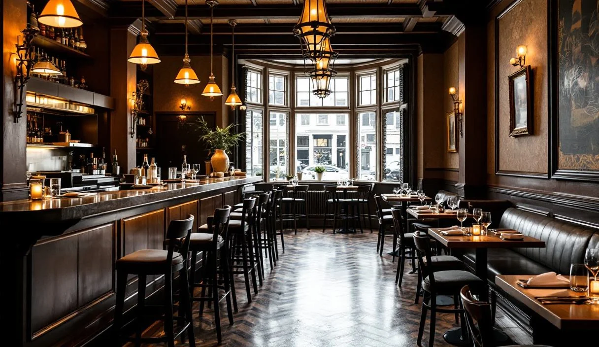 A restaurant dining room with a full bar along one side, well finished and established.