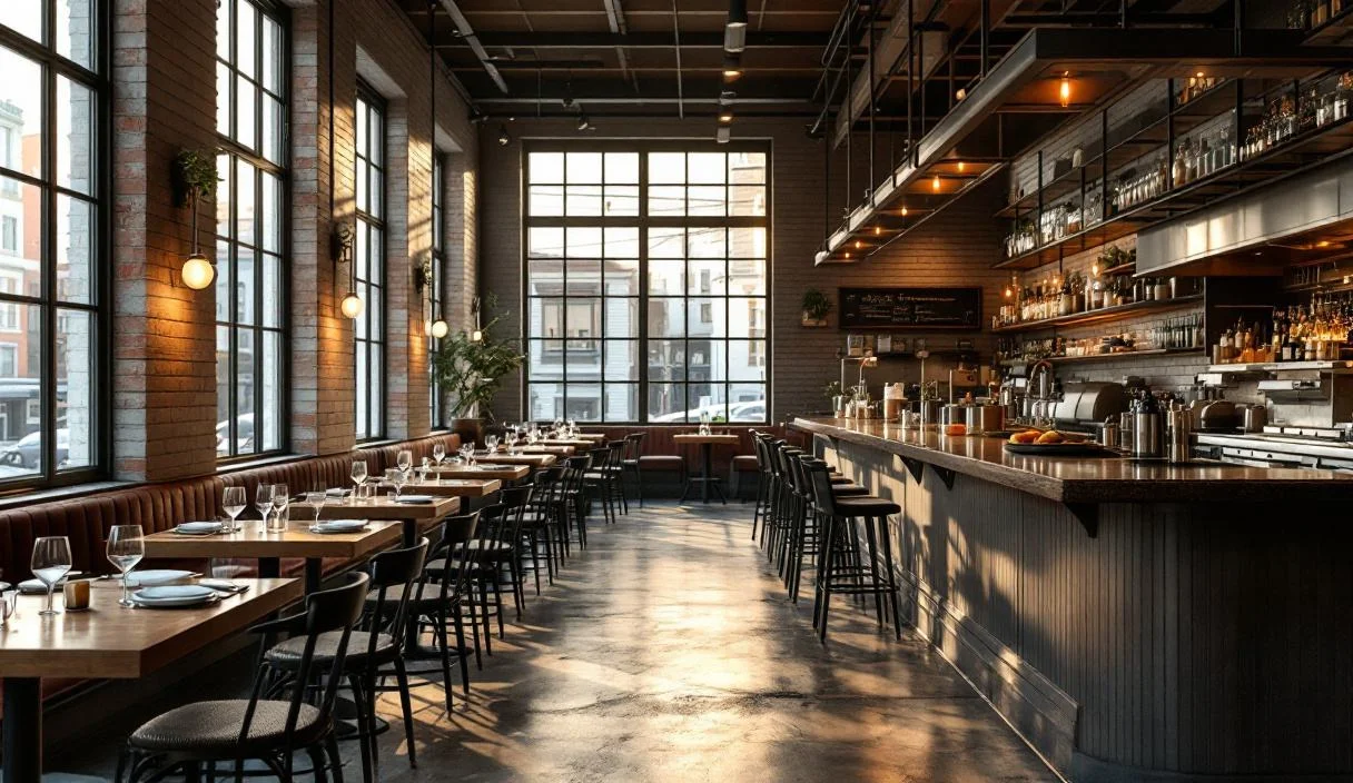 A restaurant dining room with a full bar along one side, well finished and established.
