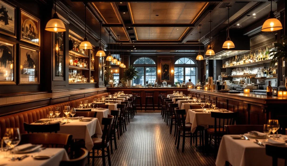 A restaurant dining room with a full bar along one side, well finished and established.