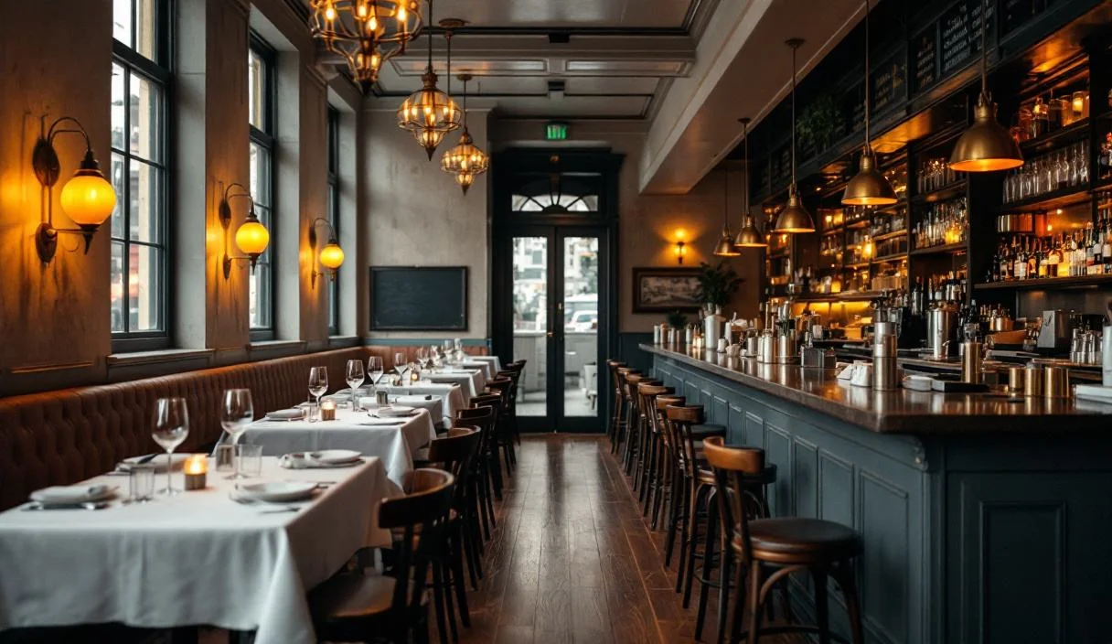 A restaurant dining room with a full bar along one side, comfortable and well kept.