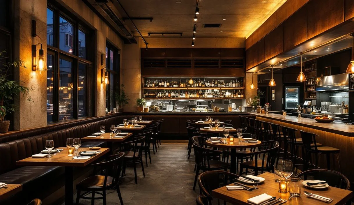 A restaurant dining room with a full bar along one side, comfortable and well kept.