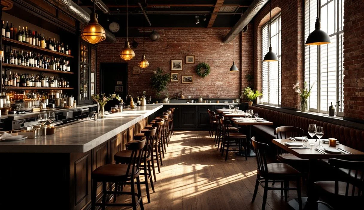 A restaurant dining room with a full bar along one side, comfortable and well kept.