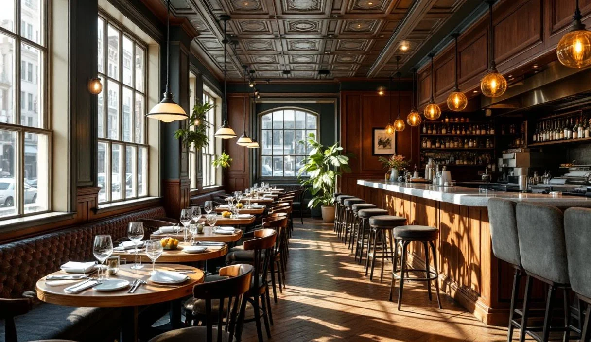A restaurant dining room with a full bar along one side, comfortable and well kept.