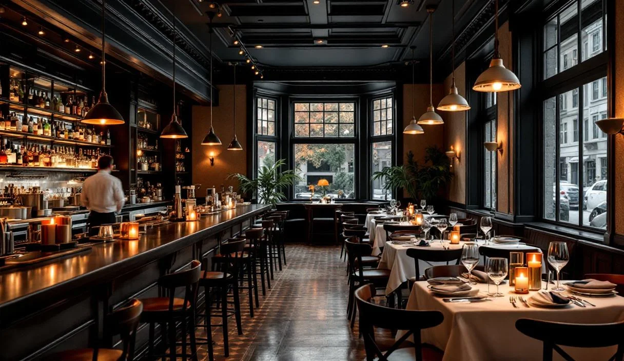 A restaurant dining room with a full bar along one side, comfortable and well kept.