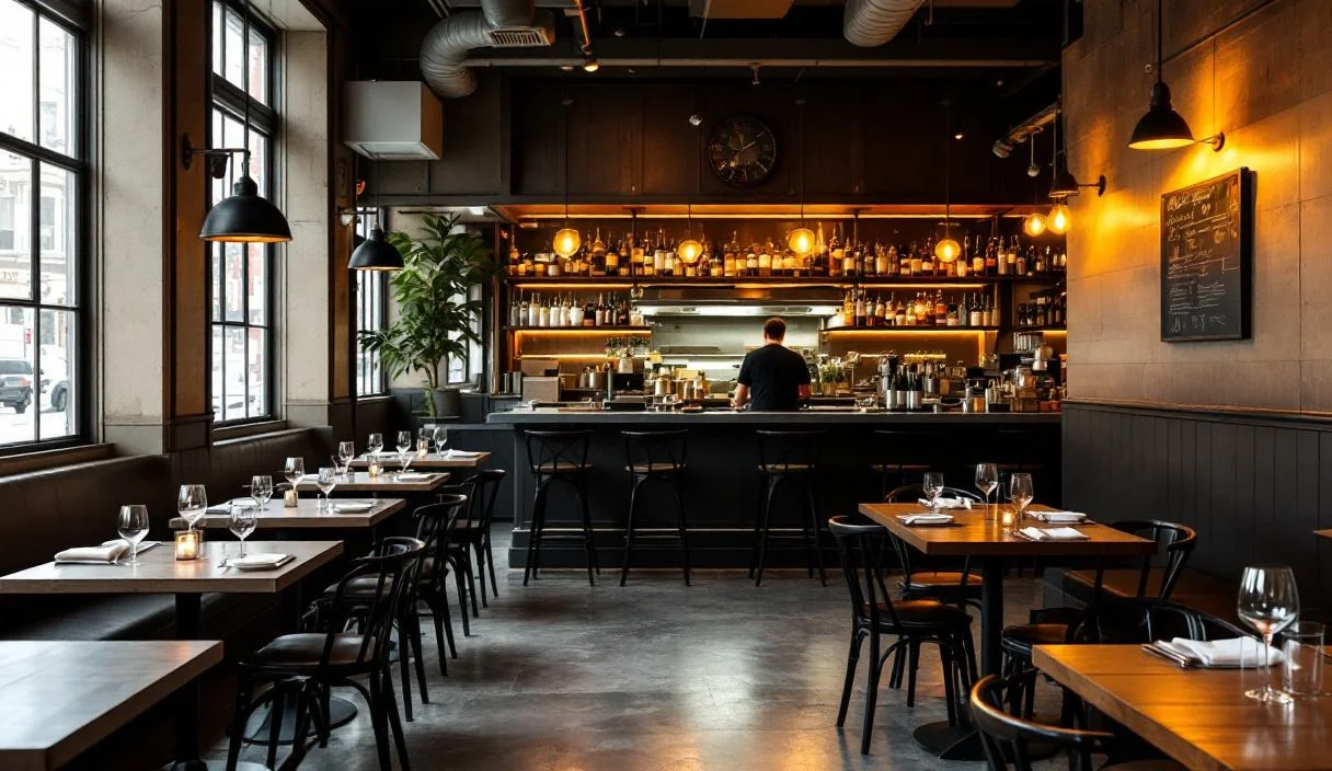 A restaurant dining room with a full bar along one side, comfortable and well kept.