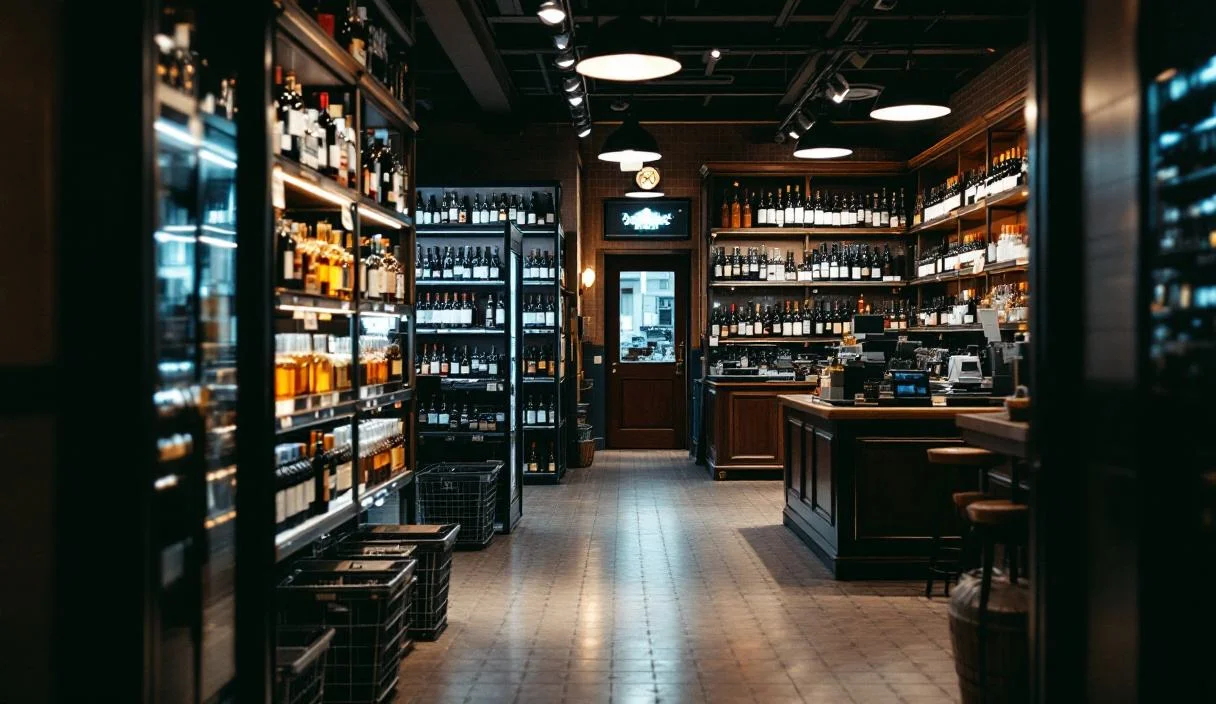 The shop floor of a bottle shop, shelved with sealed wine and spirits, well finished and established.