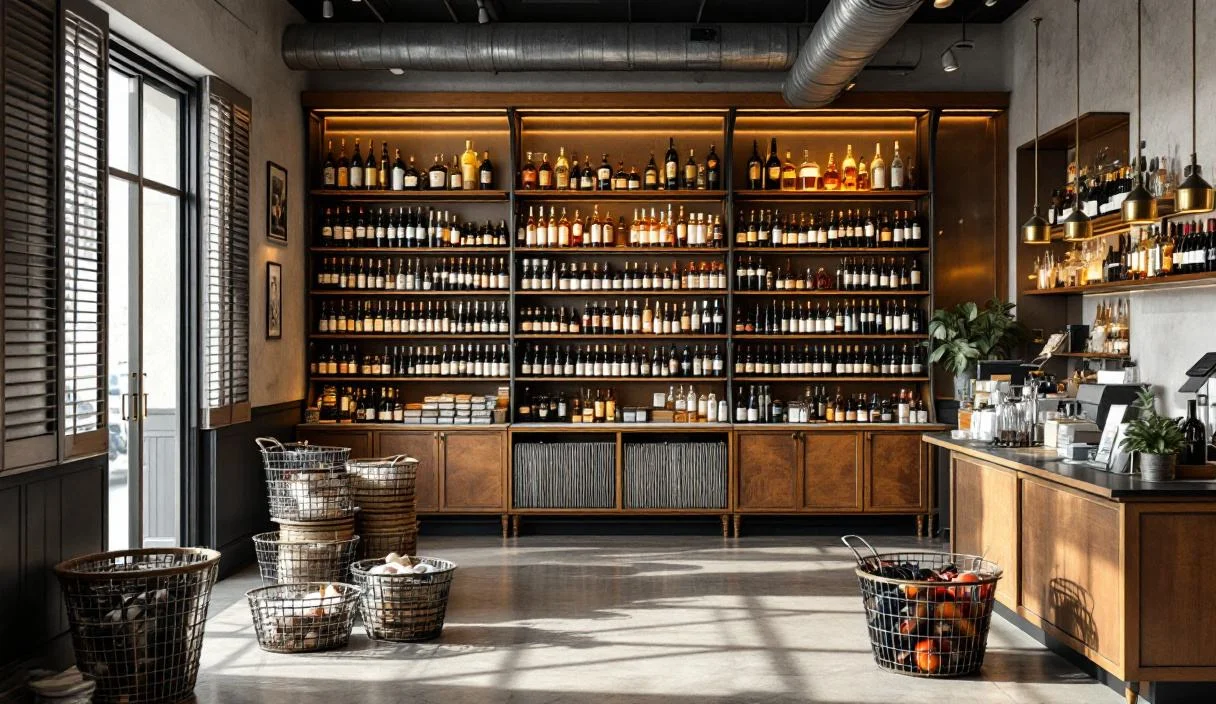 The shop floor of a bottle shop, shelved with sealed wine and spirits, well finished and established.