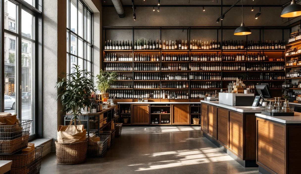 The shop floor of a bottle shop, shelved with sealed wine and spirits, well finished and established.
