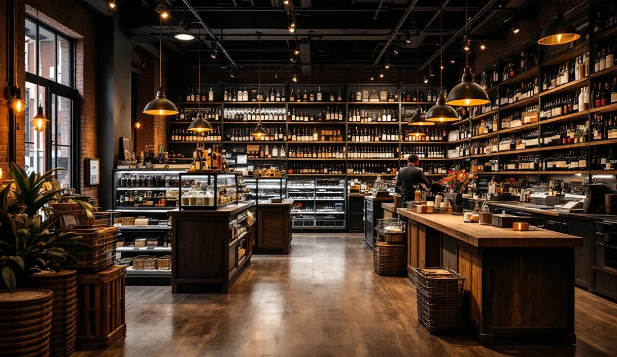 The shop floor of a bottle shop, shelved with sealed wine and spirits, well finished and established.