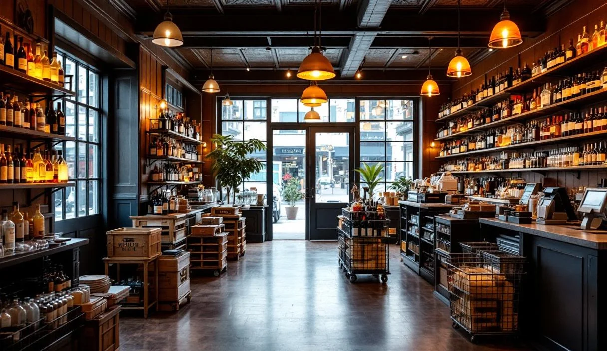 The shop floor of a bottle shop, shelved with sealed wine and spirits, comfortable and well kept.