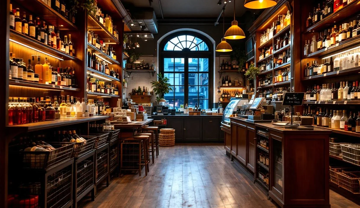 The shop floor of a bottle shop, shelved with sealed wine and spirits, comfortable and well kept.