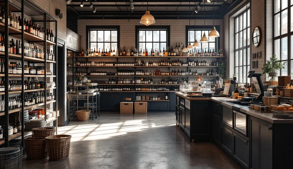 The shop floor of a bottle shop, shelved with sealed wine and spirits, comfortable and well kept.