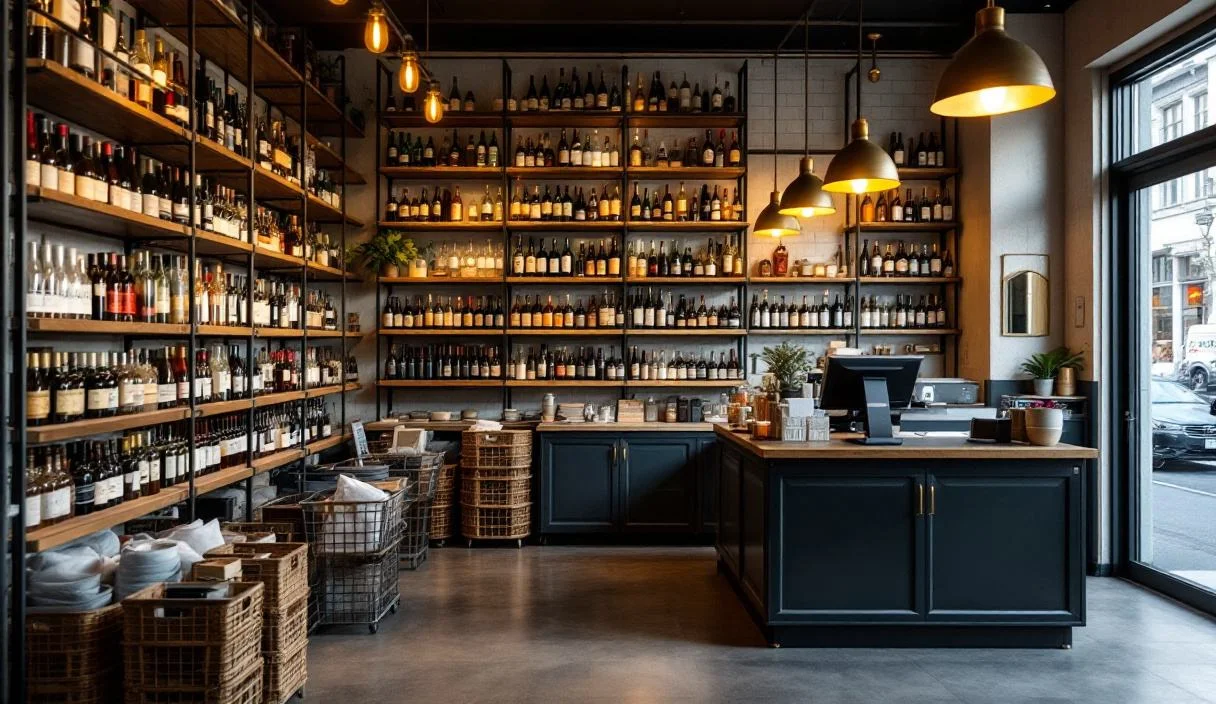 The shop floor of a bottle shop, shelved with sealed wine and spirits, modest and compact.
