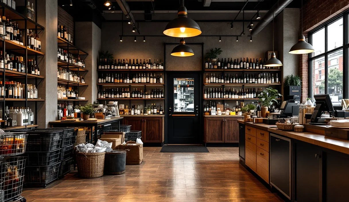 The shop floor of a bottle shop, shelved with sealed wine and spirits, modest and compact.