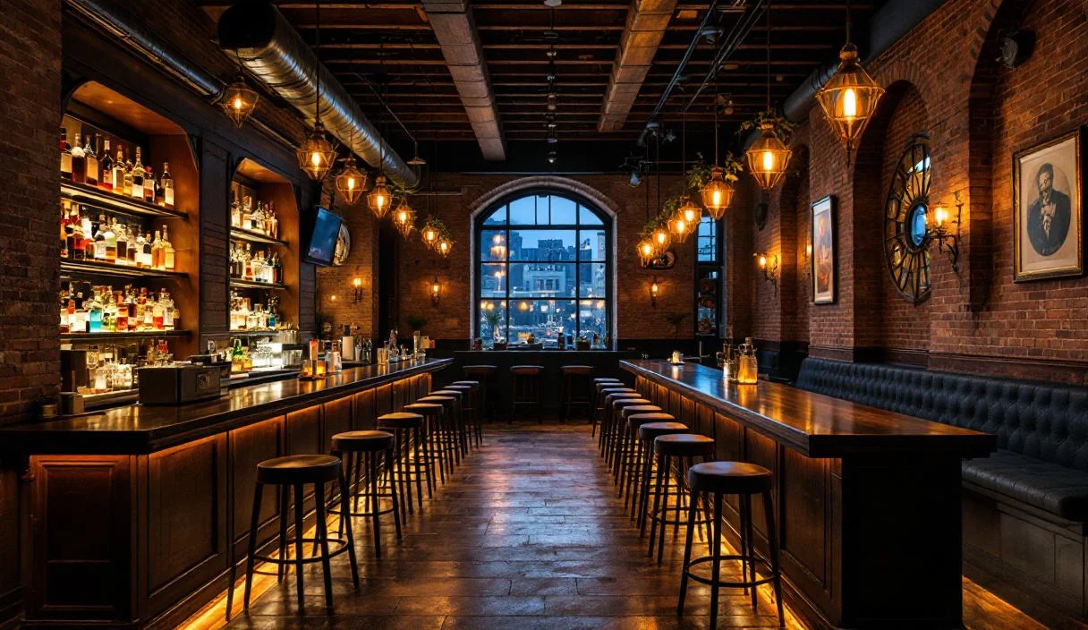 A bar room with a long back bar and no dining tables, well finished and established.