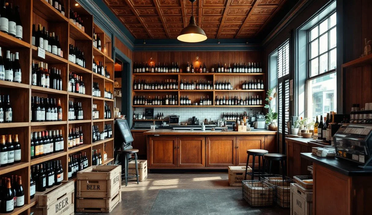 A small shop shelved with sealed beer and wine, modest and compact.