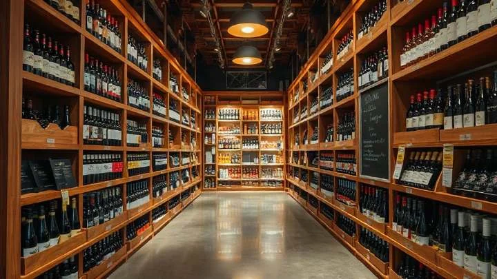 A wine shop aisle with bottles ranged on tall timber shelving under pendant lights, and a chalkboard on the end wall.