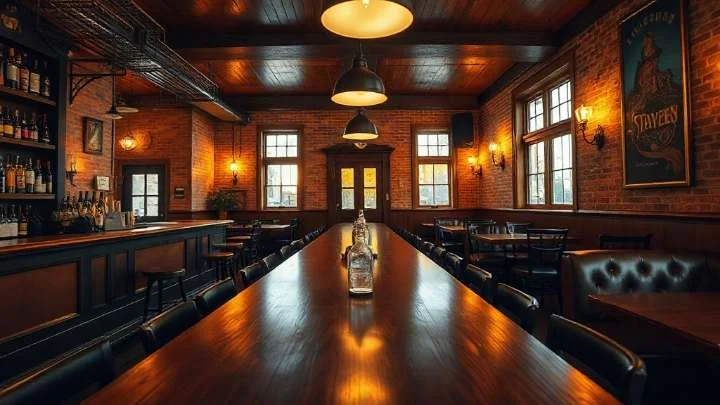 A tavern room with a long communal timber table down the middle, a bar along one wall and brick walls under warm pendant lights.