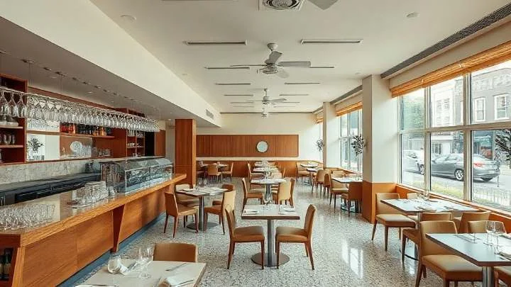 A compact restaurant room with a short service bar, glassware on shelves above it and tables laid for service by the windows.
