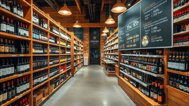 A wine and spirits retail floor with bottles on timber shelving either side of a central aisle and chalkboards above the racks.