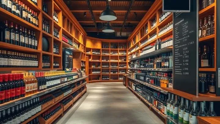 A bottle shop aisle with wine and spirits on open timber shelving and a price board at the end of the run.
