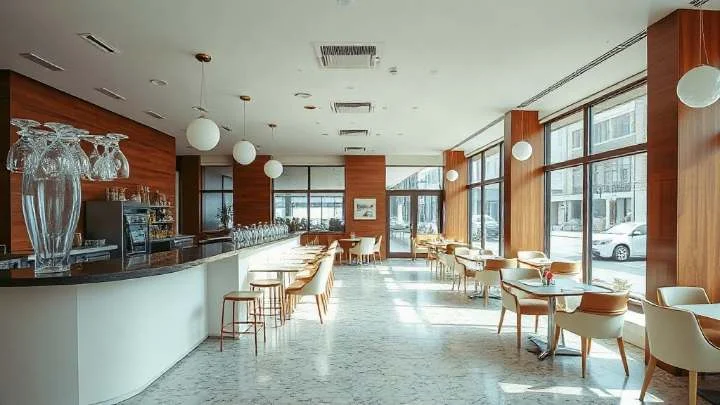A pale, light-filled dining room with a curved service bar, upholstered stools and cafe tables beside tall windows.