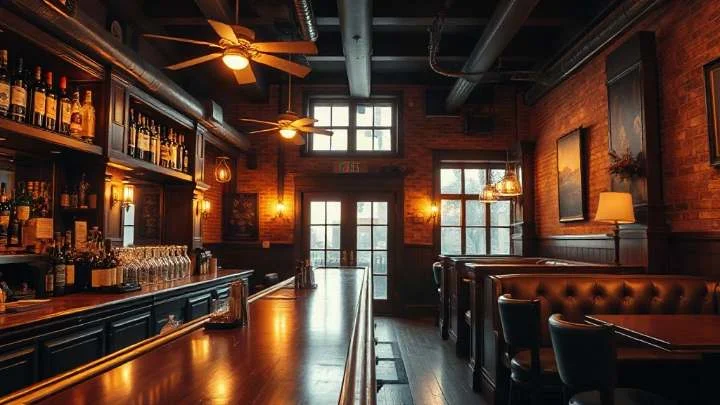 A tavern interior with a long polished timber bar, bottles on the back-bar shelving, exposed brick walls and buttoned leather booths.