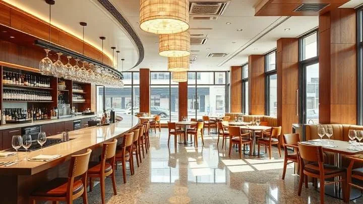 A bright restaurant dining room with a curved bar, glassware hung above it and tables set along full-height street windows.