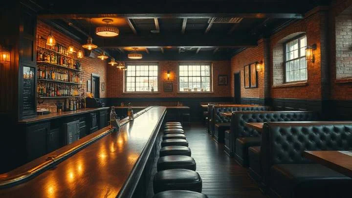 A dark bar room with a long counter and a row of stools, pendant lights overhead and buttoned leather booths along the back wall.